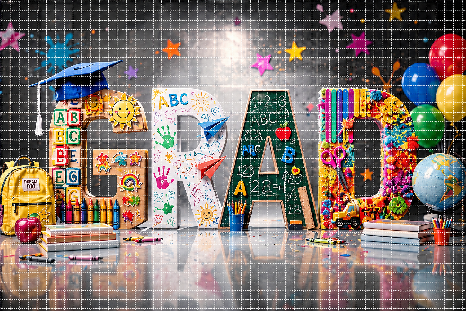 Kindergarten Graduation Digital Backdrop | Colorful GRAD Letters | School Portrait PSD Overlay | Preschool Graduation Background - Thumbnail 5