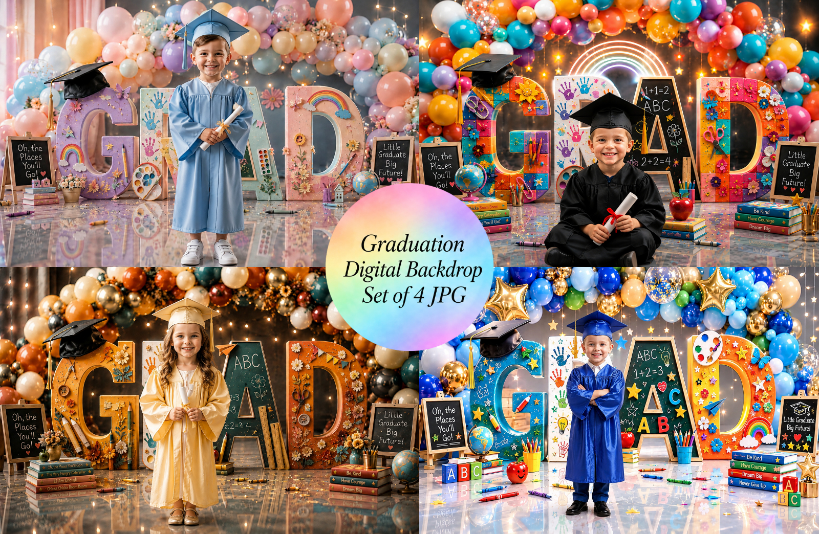 Kindergarten Graduation Digital Backdrop Bundle Set of 4 | Colorful GRAD Letters | Preschool Graduation Background - Image 1
