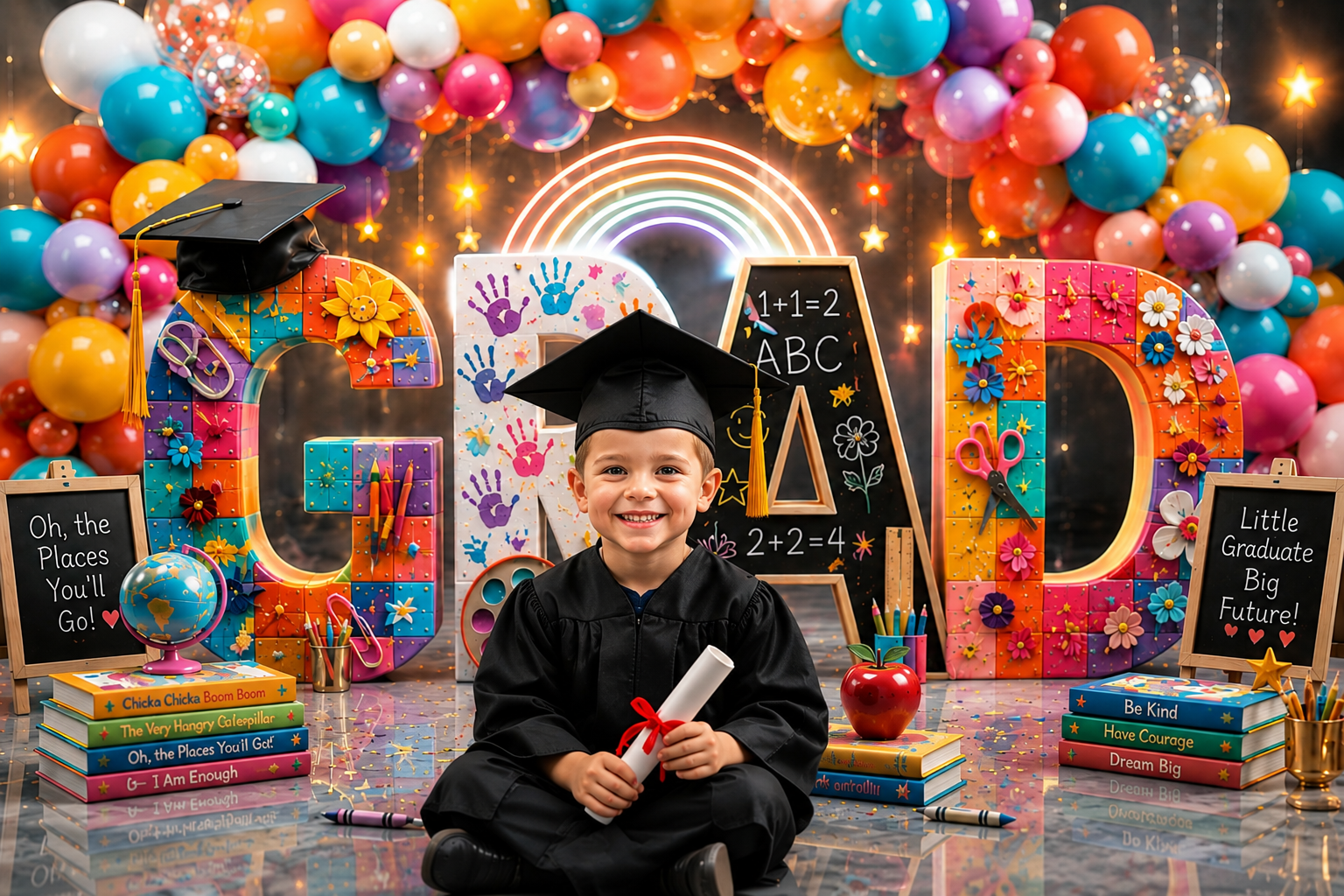 Kindergarten Graduation Digital Backdrop Bundle Set of 4 | Colorful GRAD Letters | Preschool Graduation Background - Thumbnail 2