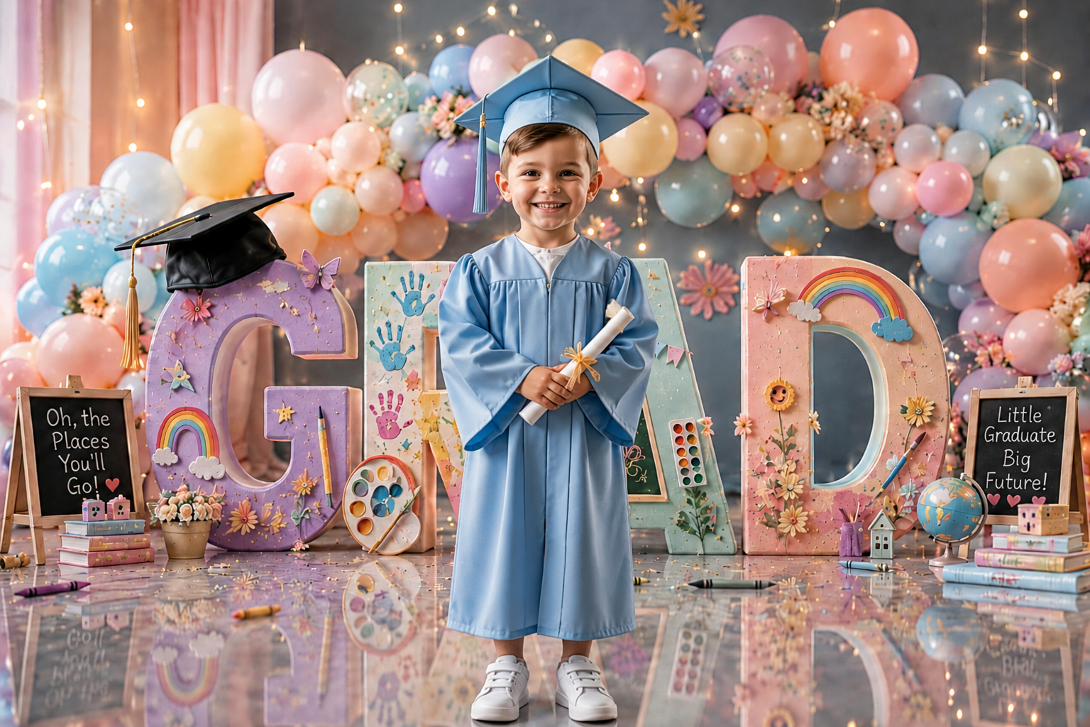 Kindergarten Graduation Digital Backdrop Bundle Set of 4 | Colorful GRAD Letters | Preschool Graduation Background - Thumbnail 6