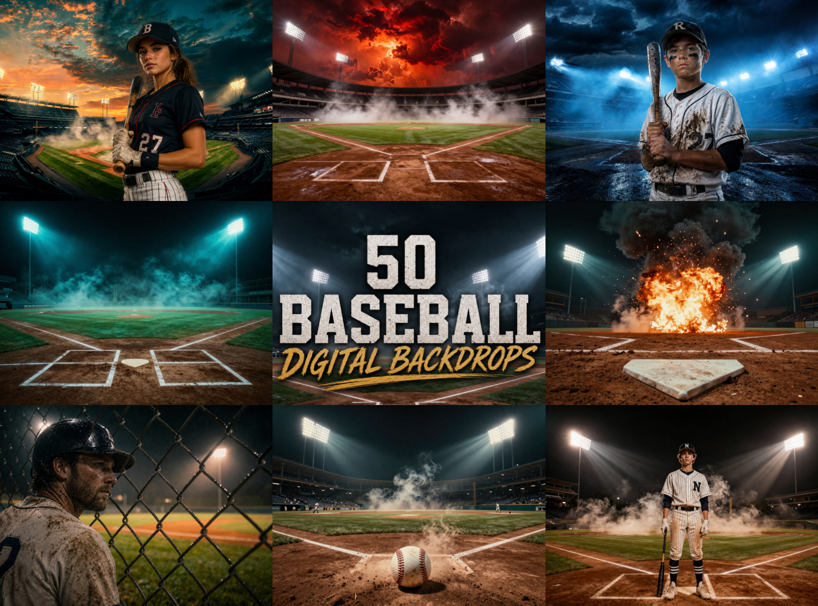 50 Baseball Digital Backdrops – Baseball Stadium Backgrounds, Stormy Skies, Night Games, JPG Files - Image 1