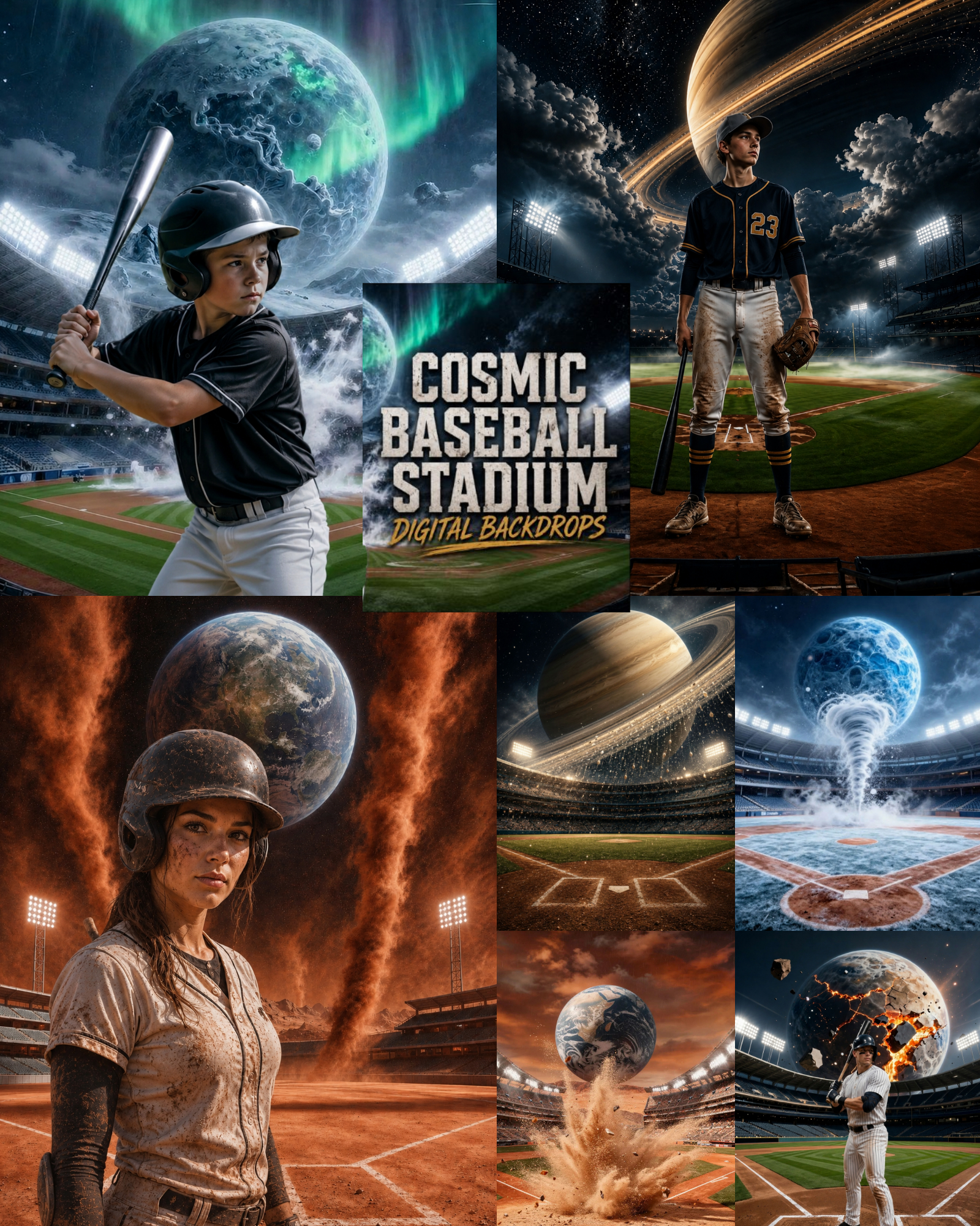 35 Cosmic Baseball Stadium Digital Backdrops, Space Sports Backgrounds, Galaxy Stadiums, JPG Files - Image 1