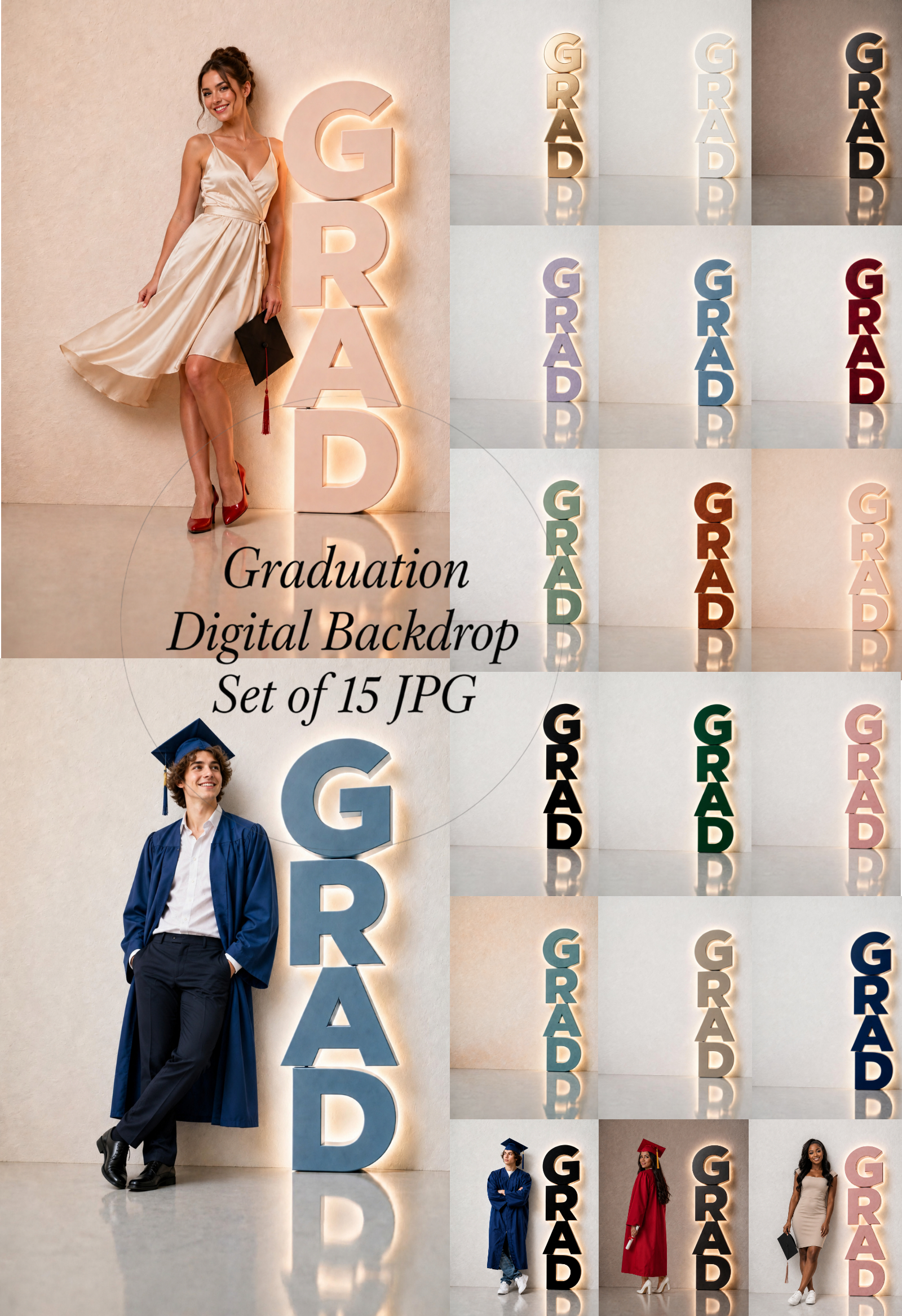 Graduation Digital Backdrop Set | 2026 Senior Photo Backgrounds with 3D GRAD Letters, 15 JPGs - Image 1
