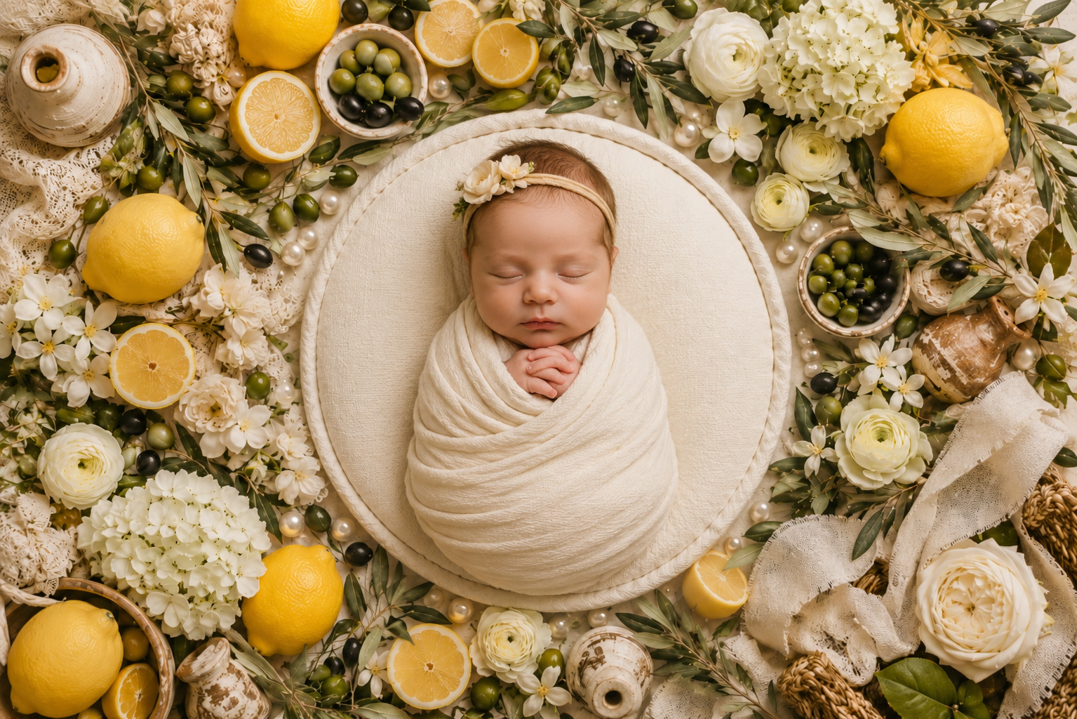 Lemon Newborn Digital Backdrop, Italian Summer Baby Composite, Newborn Photoshop Background, Lemon Olive Baby Backdrop - Image 1