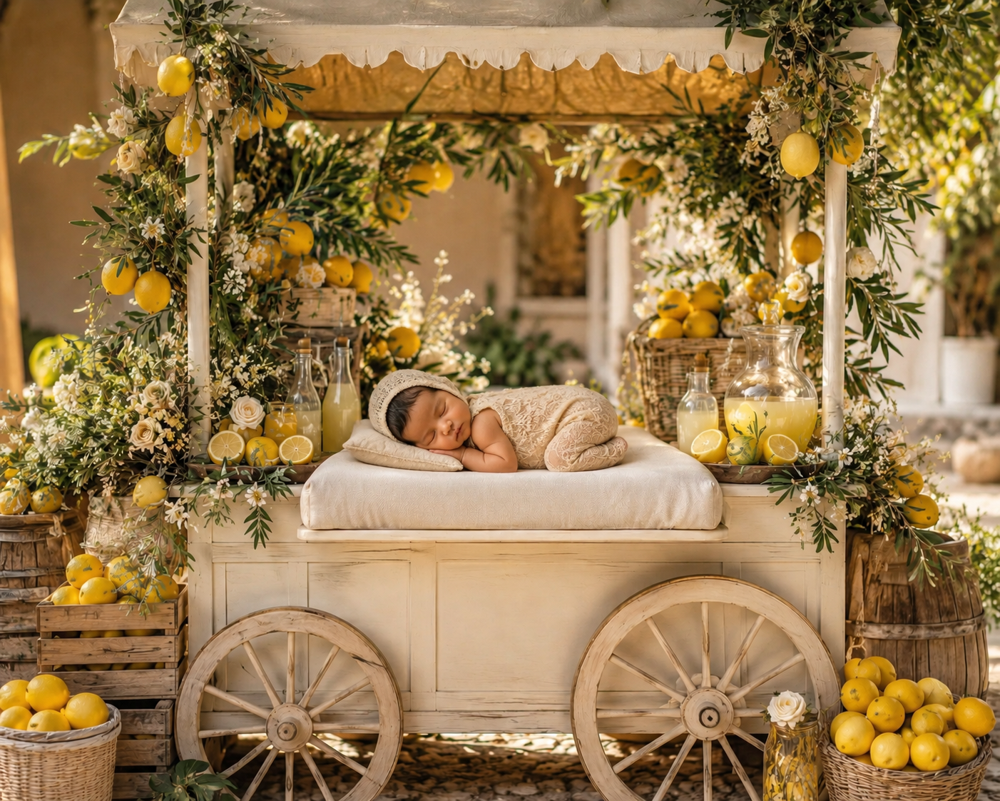 Set of 2 Lemon Newborn Digital Backdrops, Lemonade Stand Baby Composite, Newborn Photoshop Background, Summer Citrus Photography Backdrop, Rustic Lemon Market Scene - Image 1