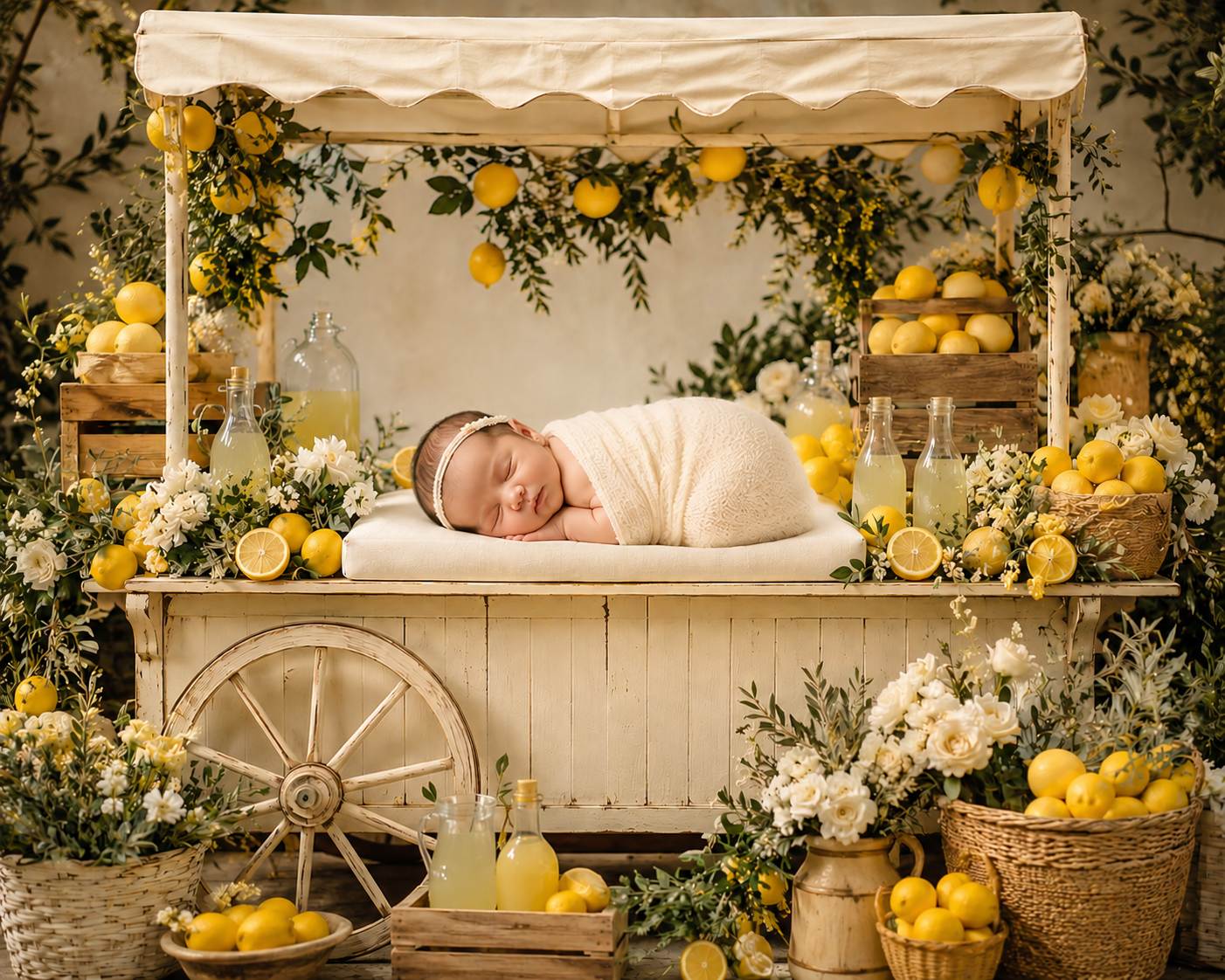 Set of 2 Lemon Newborn Digital Backdrops, Lemonade Stand Baby Composite, Newborn Photoshop Background, Summer Citrus Photography Backdrop, Rustic Lemon Market Scene - Thumbnail 2