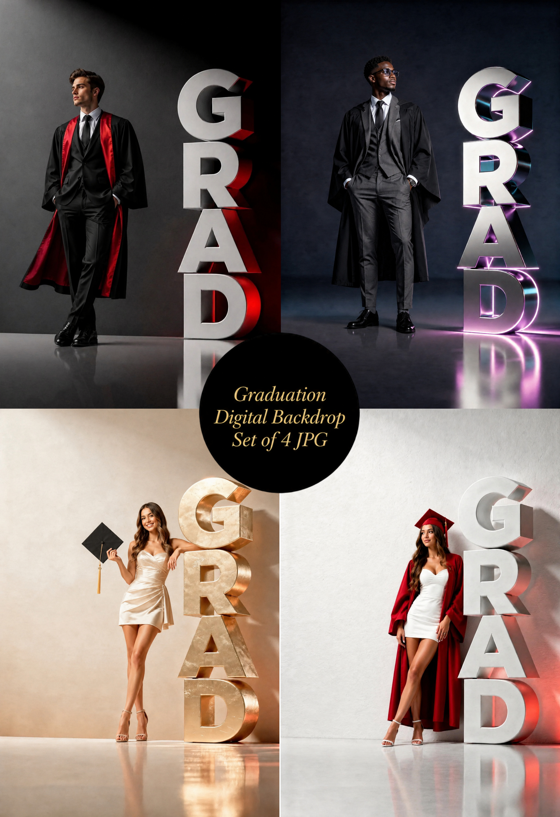 Graduation Digital Backdrop Set | 2026 Senior Photo Backgrounds with 3D GRAD Letters, 4 JPGs - Image 1