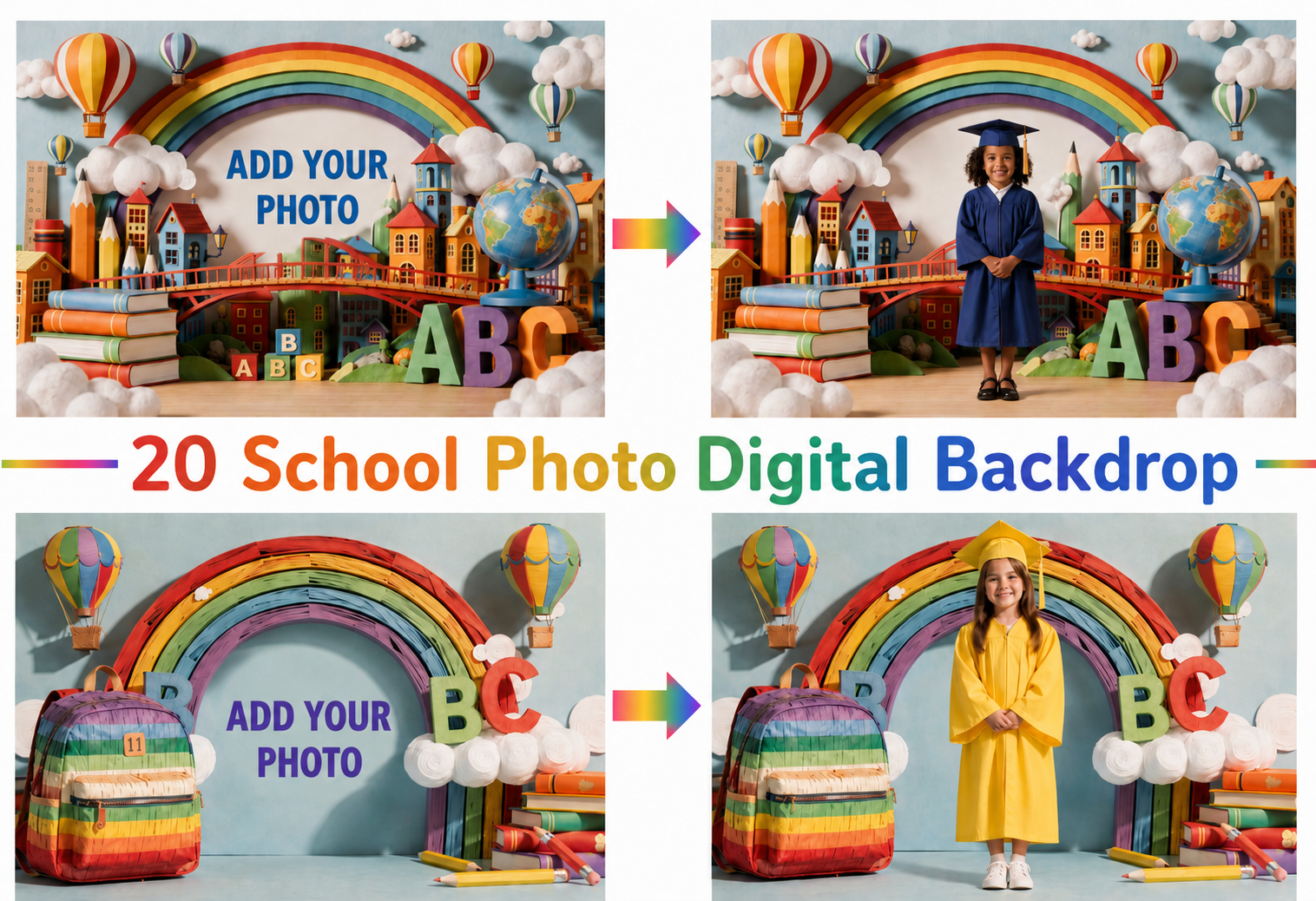 Rainbow Classroom School Photo Backdrop Bundle, Kindergarten Graduation Digital Backdrops, 20 JPG Backgrounds - Image 1