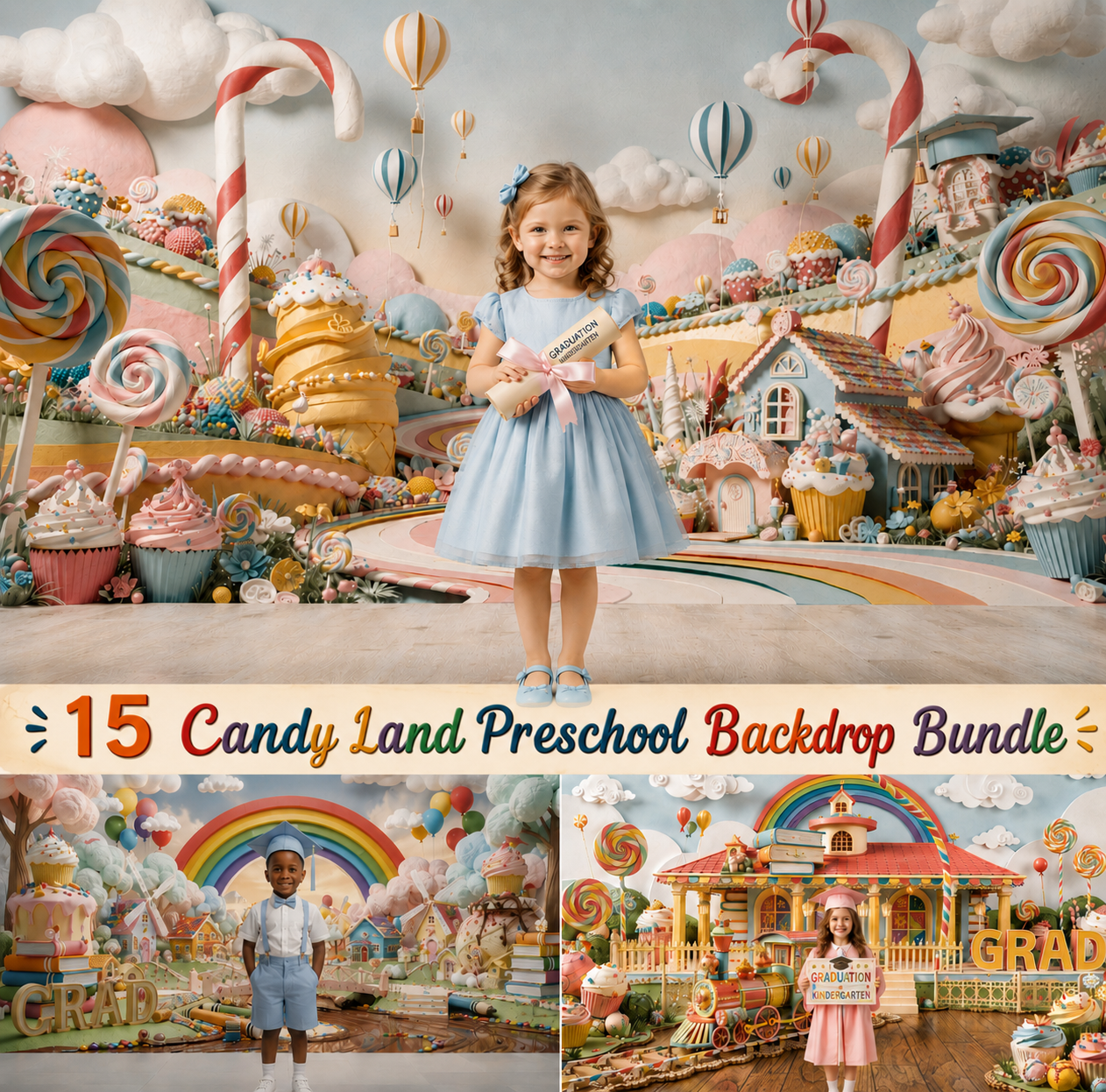 Candy Land School Photo Backdrop Bundle, Preschool Kindergarten Graduation, 15 JPG Backgrounds - Image 1