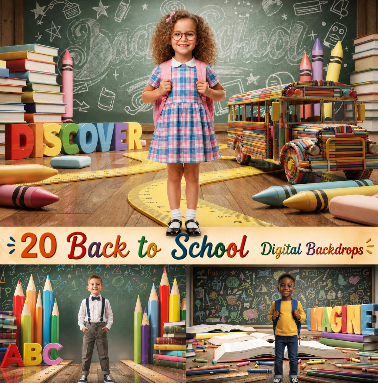 20 Back to School Digital Backdrops Bundle | School Portrait Backgrounds | Composite Photo Templates | Classroom Photography Backdrops - Image 1