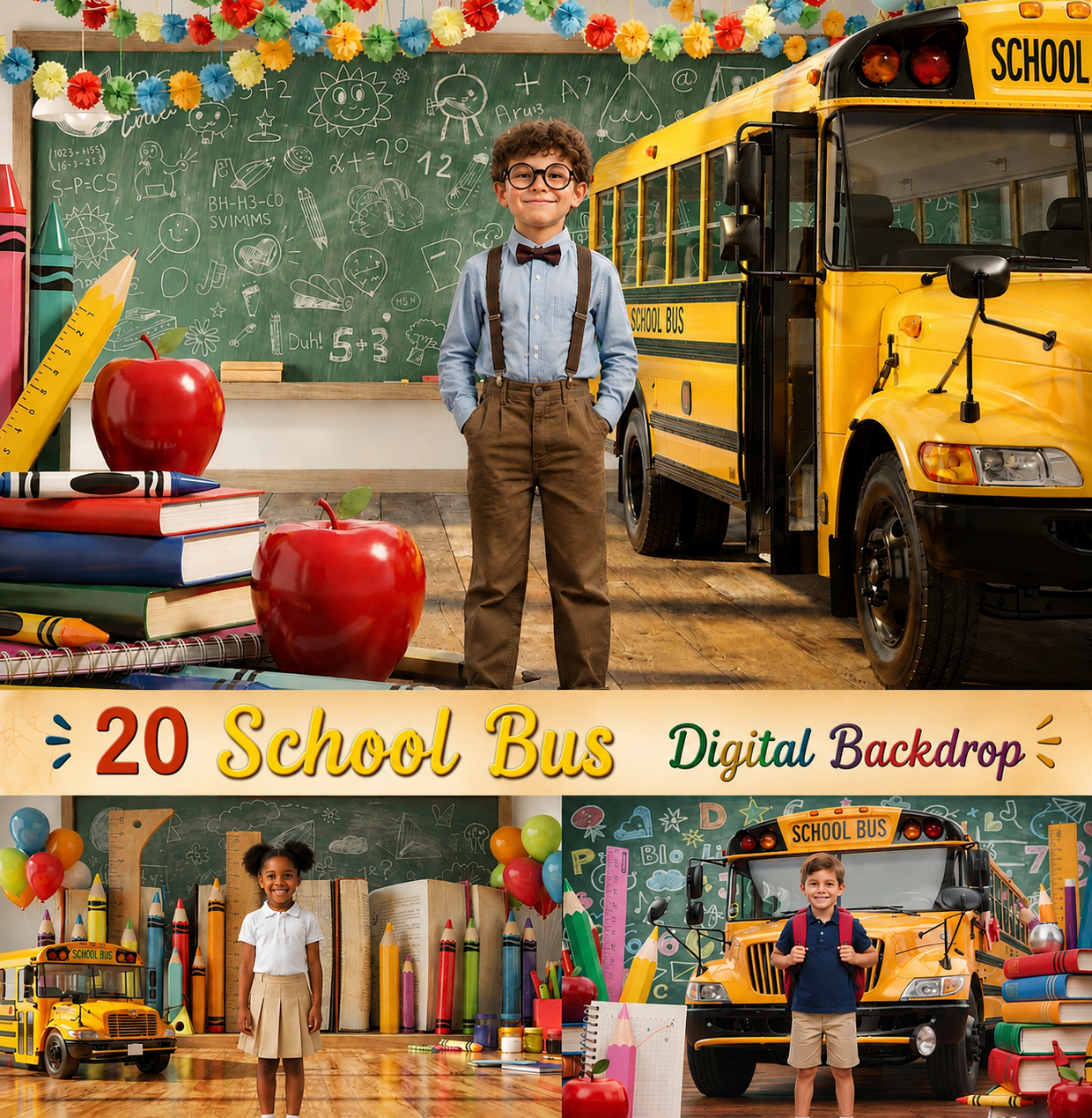 20 Back to School School Bus Digital Backdrops Bundle | School Portrait Backgrounds | Composite Photo Templates | Classroom Photography - Image 1