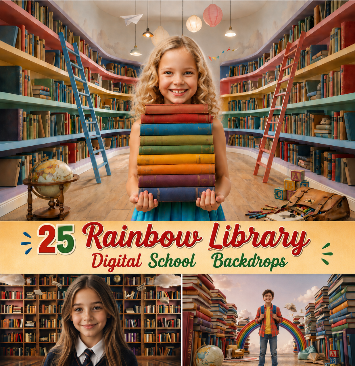 25 Rainbow Library Digital Backdrops Bundle | School Library Backgrounds | Book-Themed Portrait Backdrops | Composite Photo Templates - Image 1