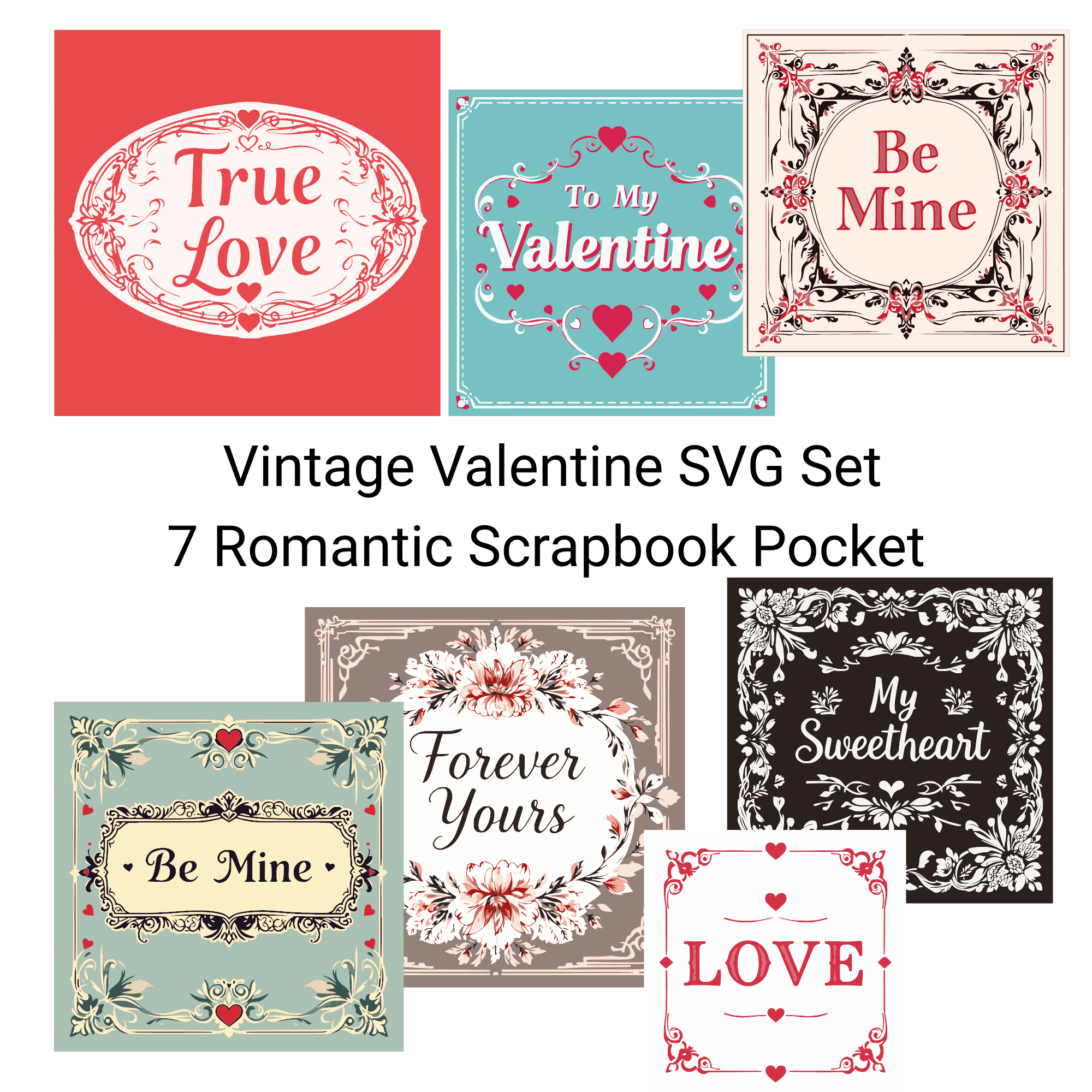 Vintage Valentine SVG Set | 7 Romantic Scrapbook Pocket Inserts - Image 1