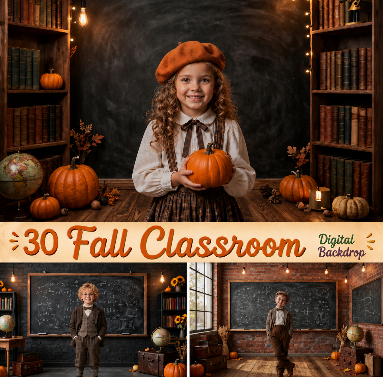 30 Fall Classroom Digital Backdrops, Back to School Backgrounds, Autumn School Portrait Backdrops, Vintage Classroom Photo Bundle - Image 1