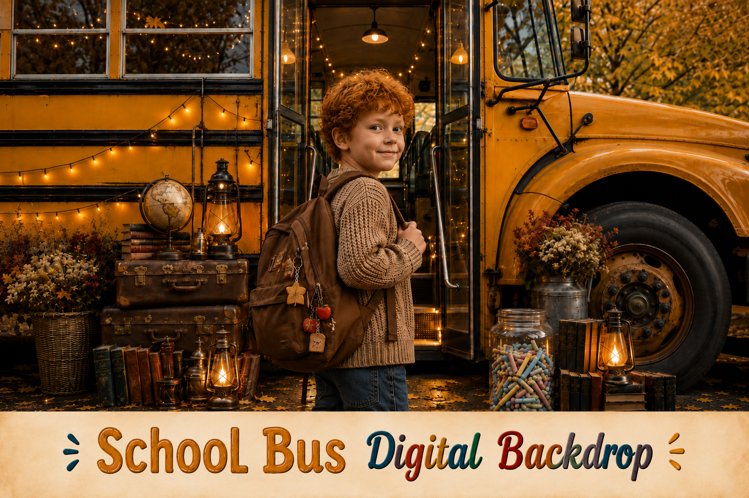 Fall School Bus Digital Backdrop | Back to School Portrait Background | Preschool, Kindergarten & School Portrait Backdrop - Image 1
