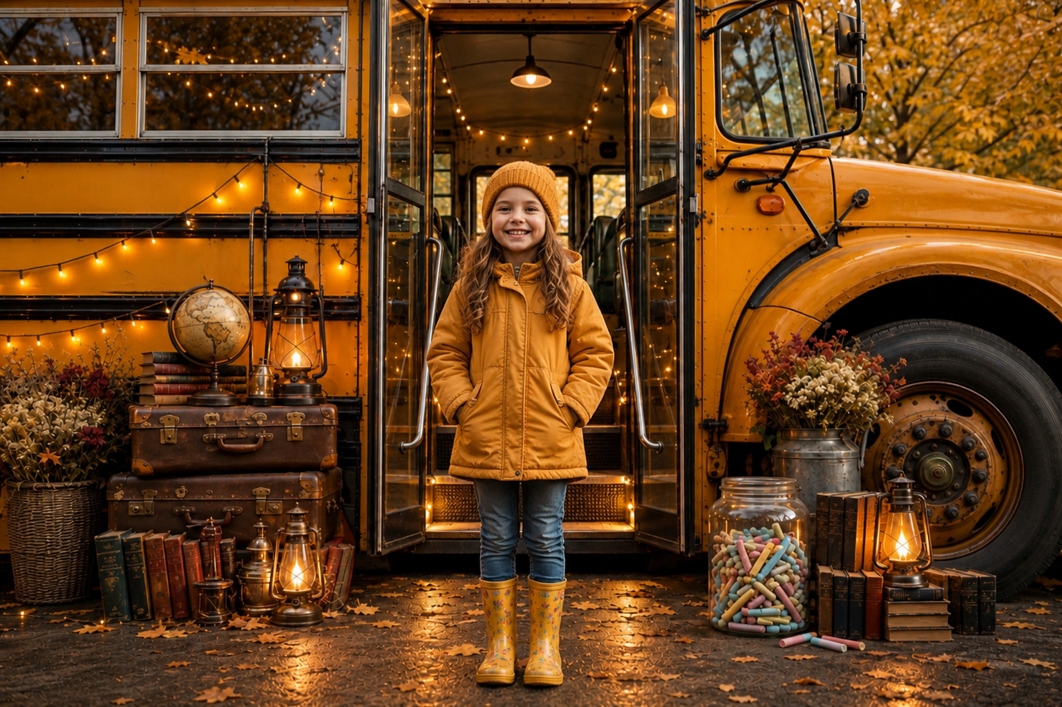 Fall School Bus Digital Backdrop | Back to School Portrait Background | Preschool, Kindergarten & School Portrait Backdrop - Thumbnail 2