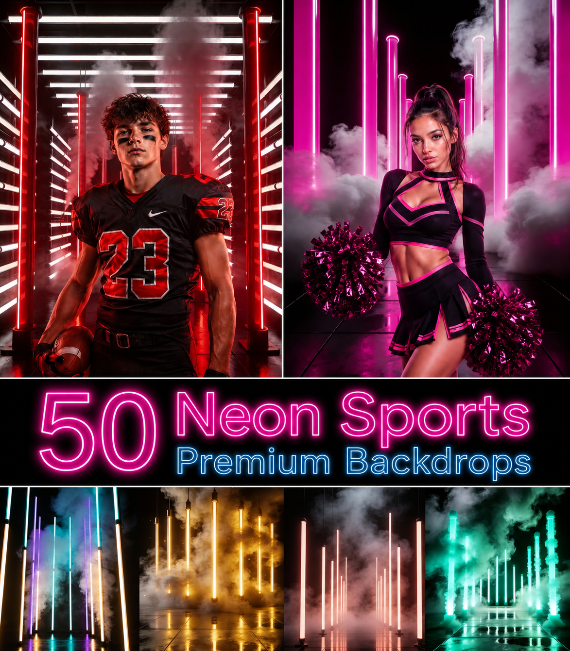 50 Neon Sports Digital Backdrops Bundle | Senior Athlete Portrait Backgrounds | Football Basketball Baseball Sports Backdrops - Image 1