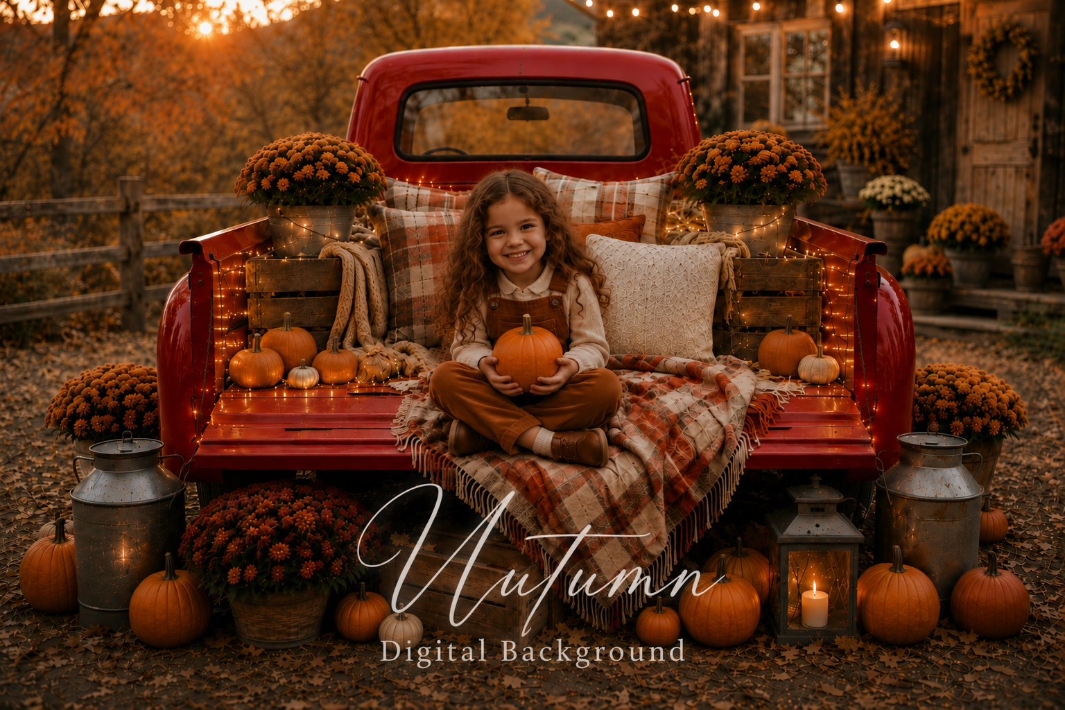 Autumn Digital Background, Fall Truck Backdrop, Pumpkin Portrait Background, Rustic Farm Fall Scene, Autumn Photography Backdrop - Image 1