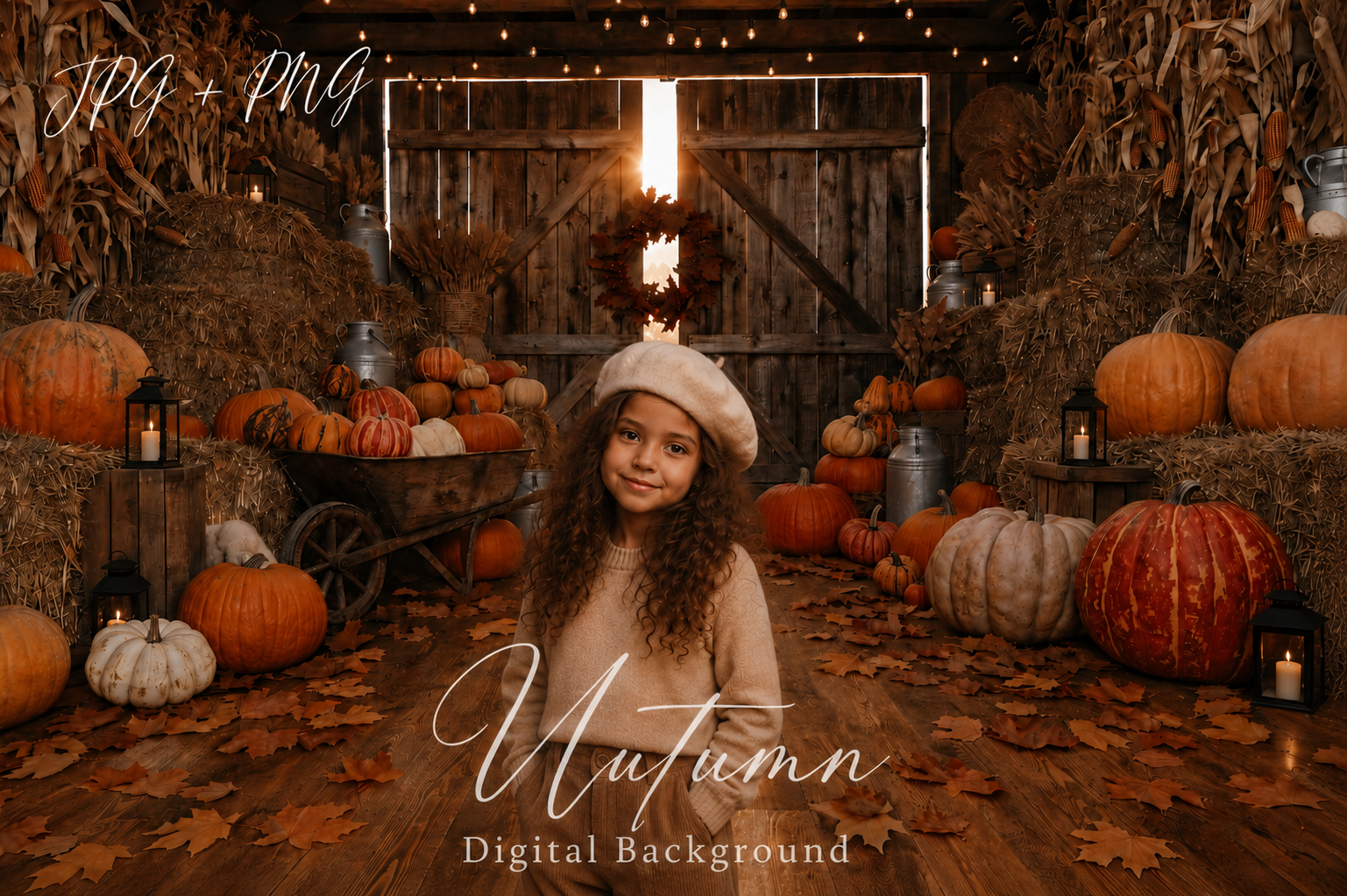 Autumn Barn Digital Background, Fall Pumpkin Patch Backdrop, Rustic Farmhouse Portrait Background, Cozy Barn Scene, Autumn Photography - Image 1