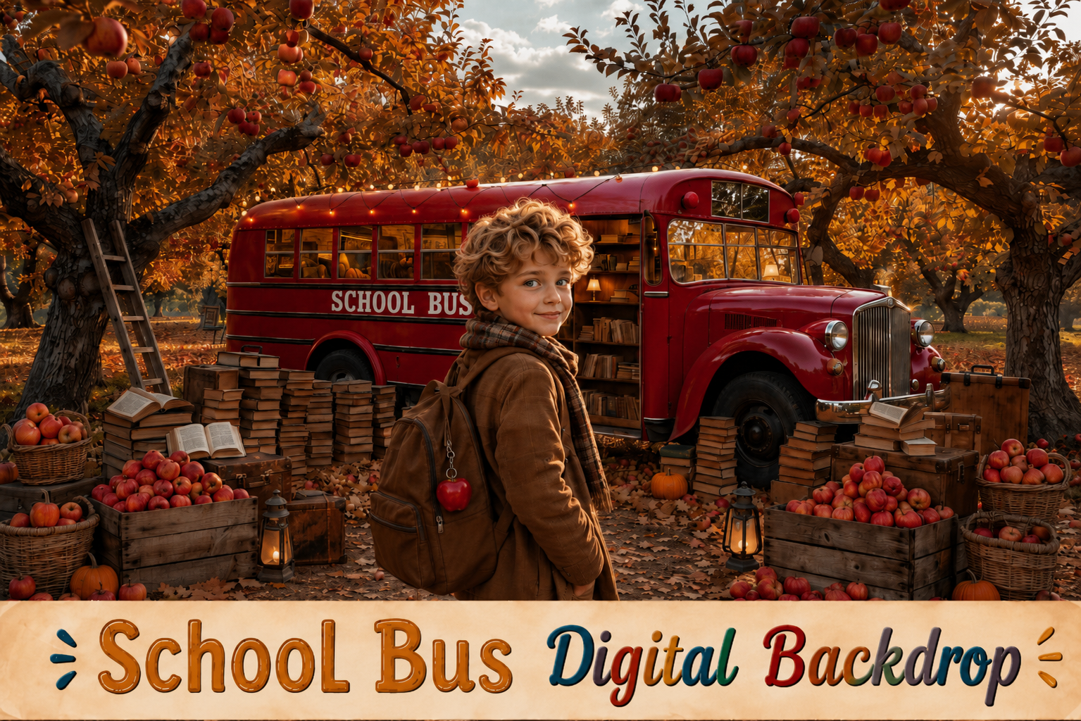 Back to School Digital Backdrop, Autumn School Bus Background, Kindergarten Portrait Backdrop, Fall School Photo Background, JPG PNG - Image 1