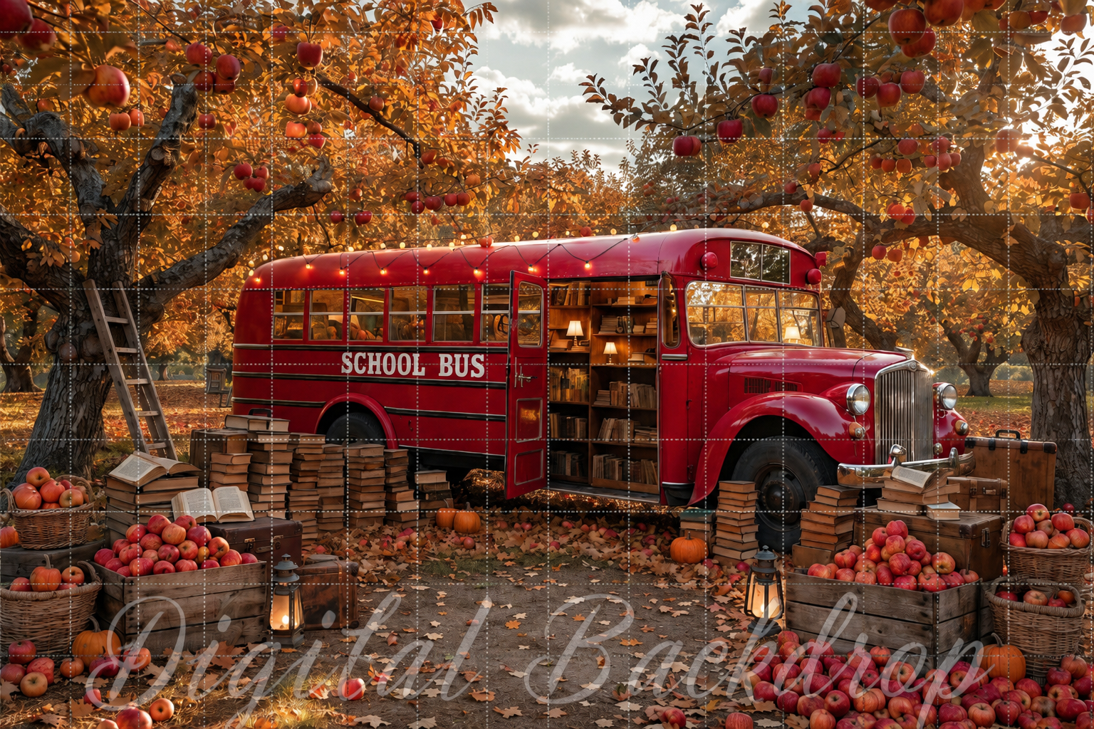 Back to School Digital Backdrop, Autumn School Bus Background, Kindergarten Portrait Backdrop, Fall School Photo Background, JPG PNG - Thumbnail 2