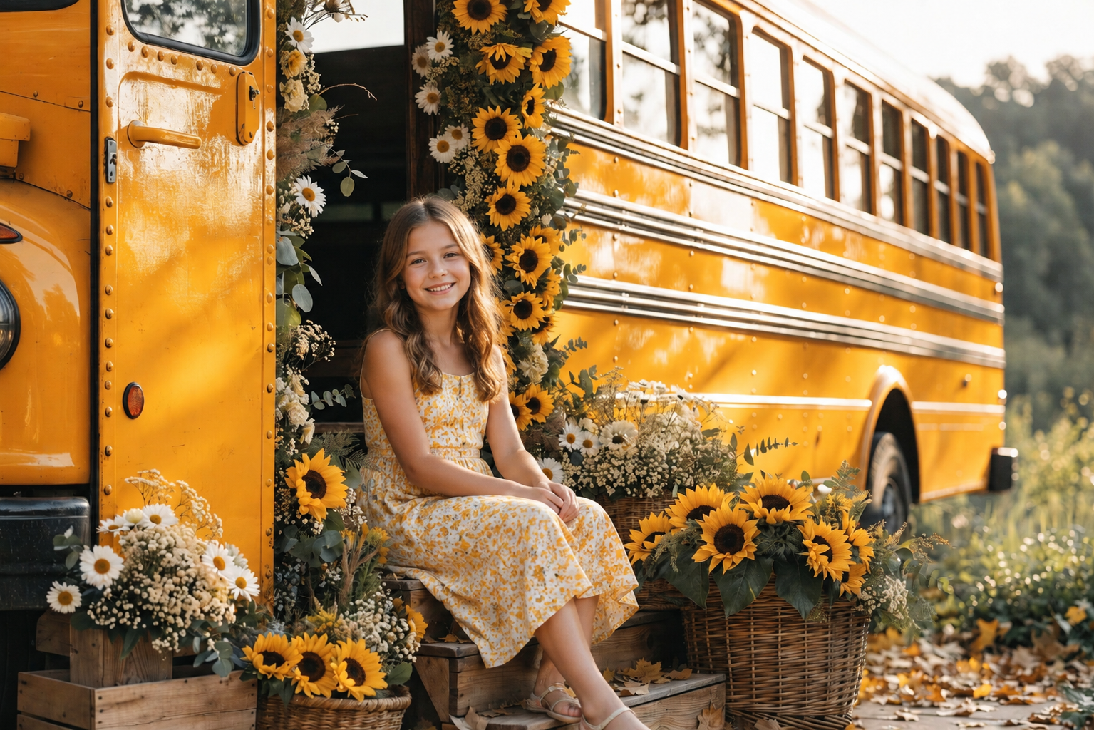 Sunflower School Bus Digital Backdrop, Back to School Background, Yellow Bus Photo Prop, Fall School Portrait Backdrop, JPG PNG 300 DPI - Image 1