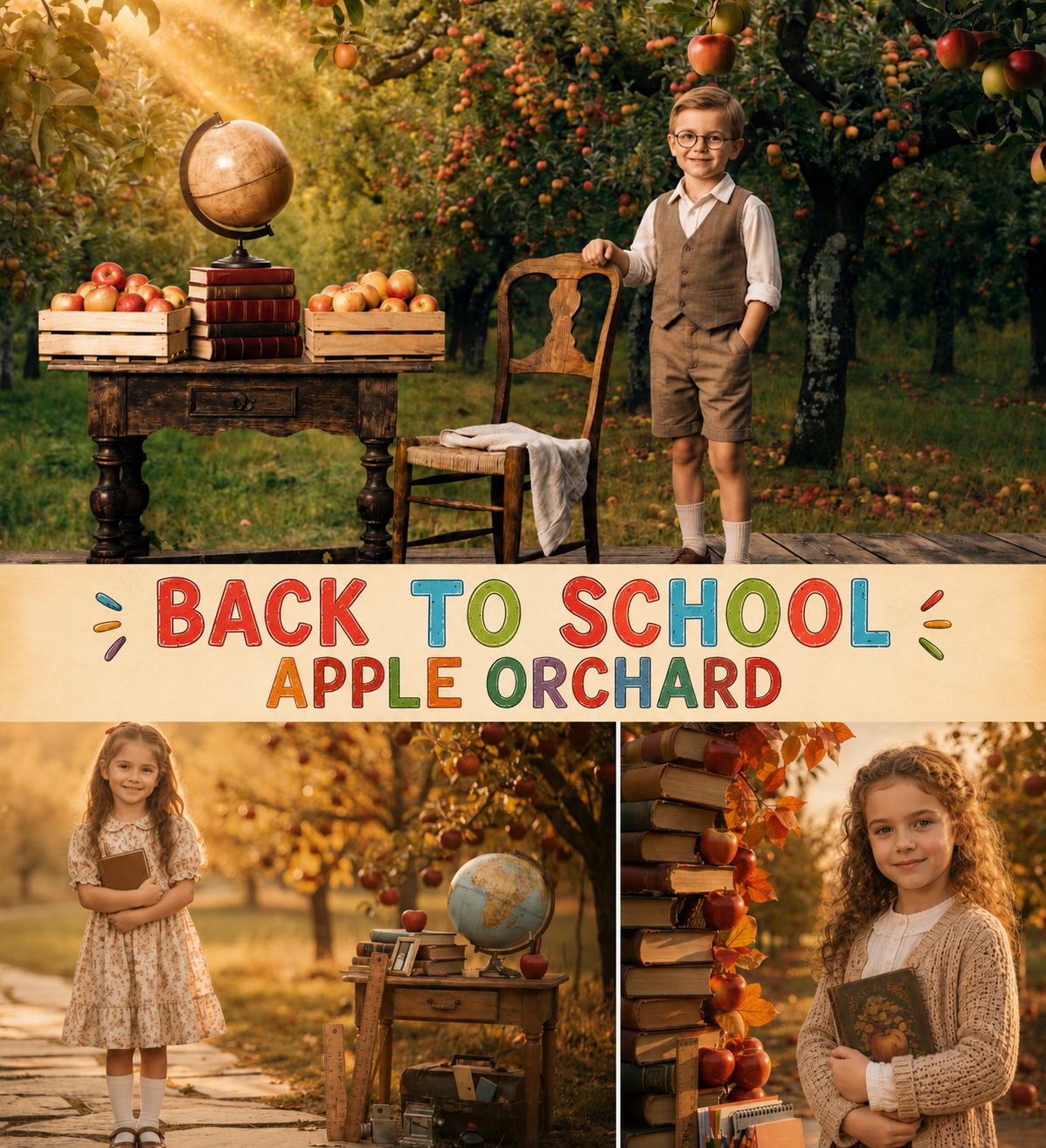 30 Back to School Apple Orchard Digital Backdrop Bundle, Fall School Portrait Background, Kindergarten Photography Prop, JPG Download - Image 1