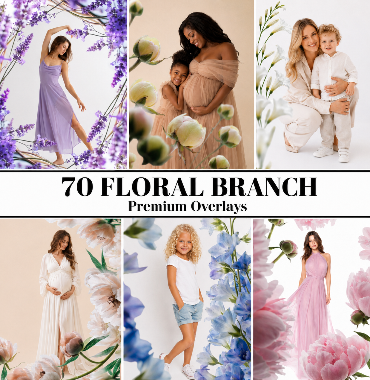 70 Floral Branch Overlays PNG, Flower Branch Photo Overlays, Spring Floral Overlay, Photoshop Overlay, Maternity, Family & Portrait Editing - Image 1