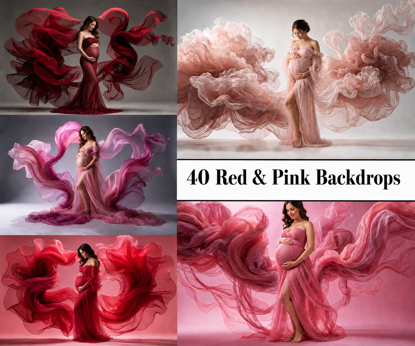 40 Red & Pink Maternity Digital Backdrops, Flowing Draped Fabric Photography Backgrounds, Maternity Photo Props, Studio Backdrops, JPG - Image 1