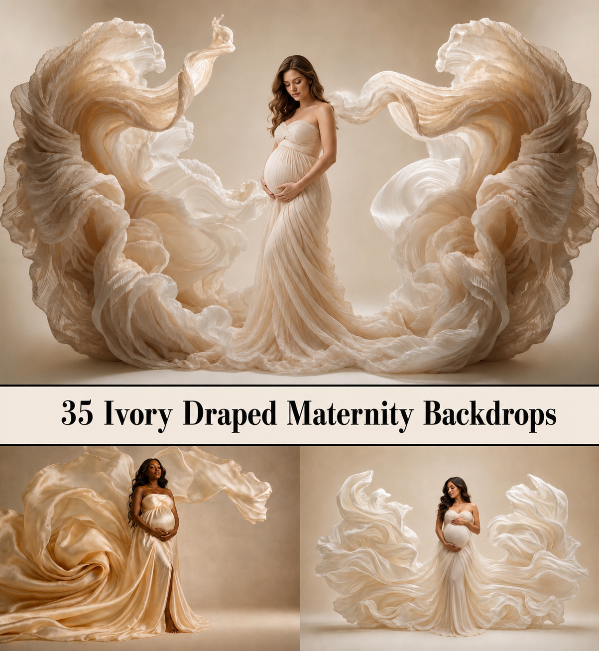 35 Ivory Draped Maternity Backdrops, Cream Fabric Pregnancy Backgrounds, Elegant Flowing Cloth Photoshop Overlays, Photo Backdrop Bundle - Image 1