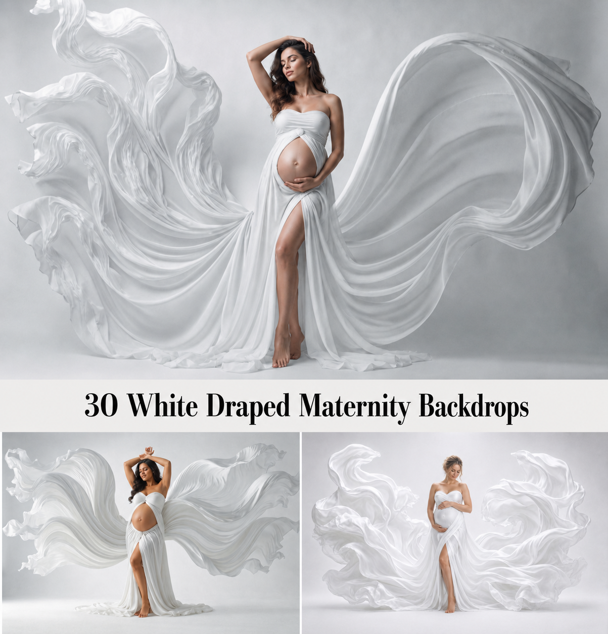 30 White Draped Fabric Maternity Backdrops, White Pregnancy Digital Background Bundle, Elegant Portrait Backdrops - Image 1