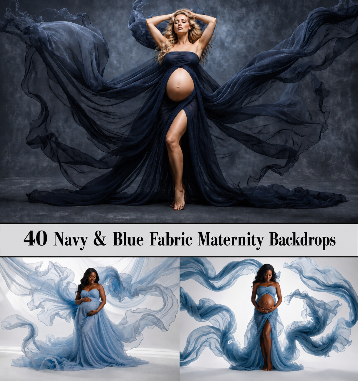 40 Navy & Blue Fabric Maternity Backdrops, Flowing Fabric Pregnancy Backgrounds, Digital Portrait Backdrops, JPG Download - Image 1