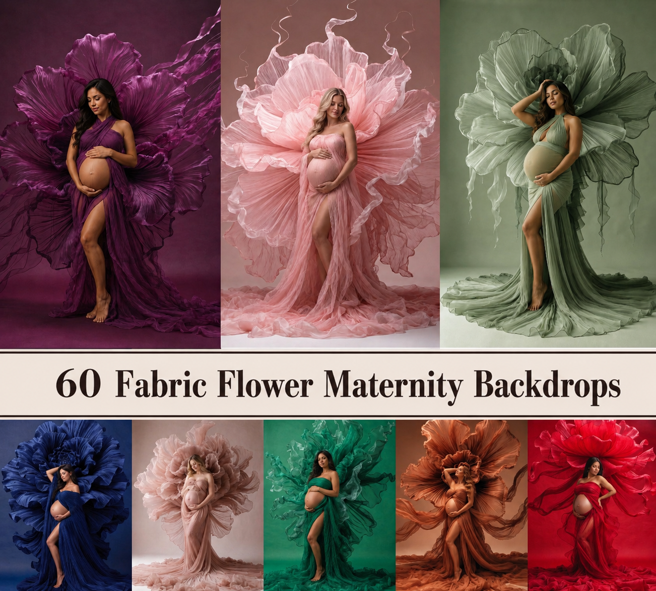 60 Fabric Flower Maternity Digital Backdrops | Luxury Fine Art Studio Portrait & Pregnancy Photography Backdrops - Image 1