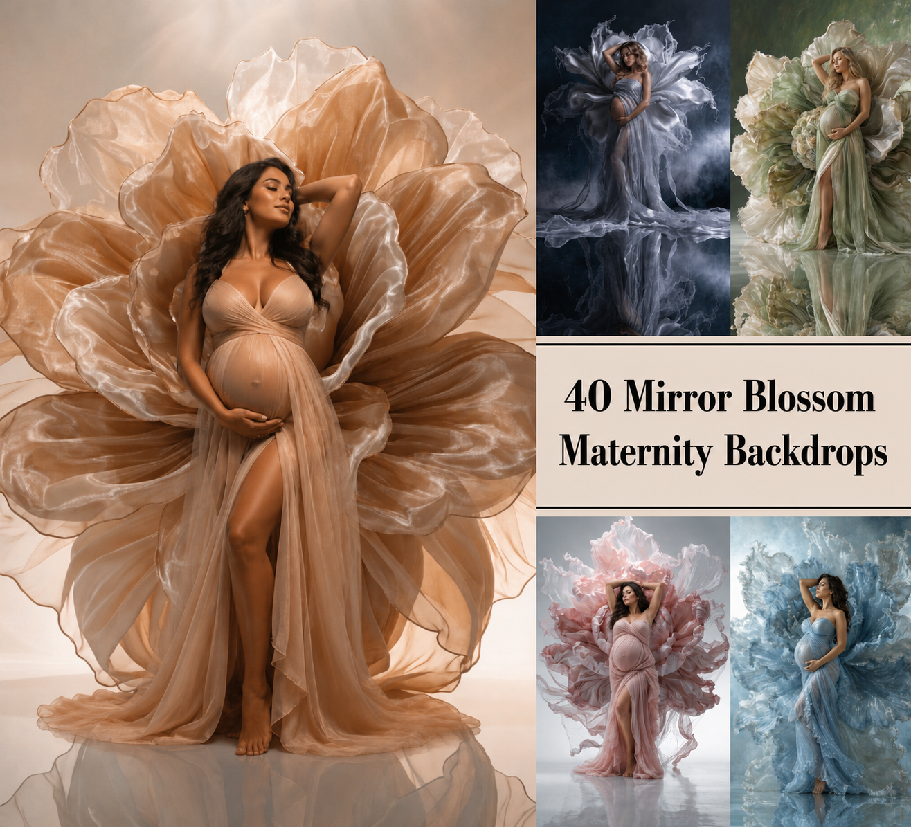 40 Mirror Blossom Maternity Backdrops Bundle, Floral Pregnancy Digital Backgrounds, Photography Backdrops, Baby Shower Portrait - Image 1