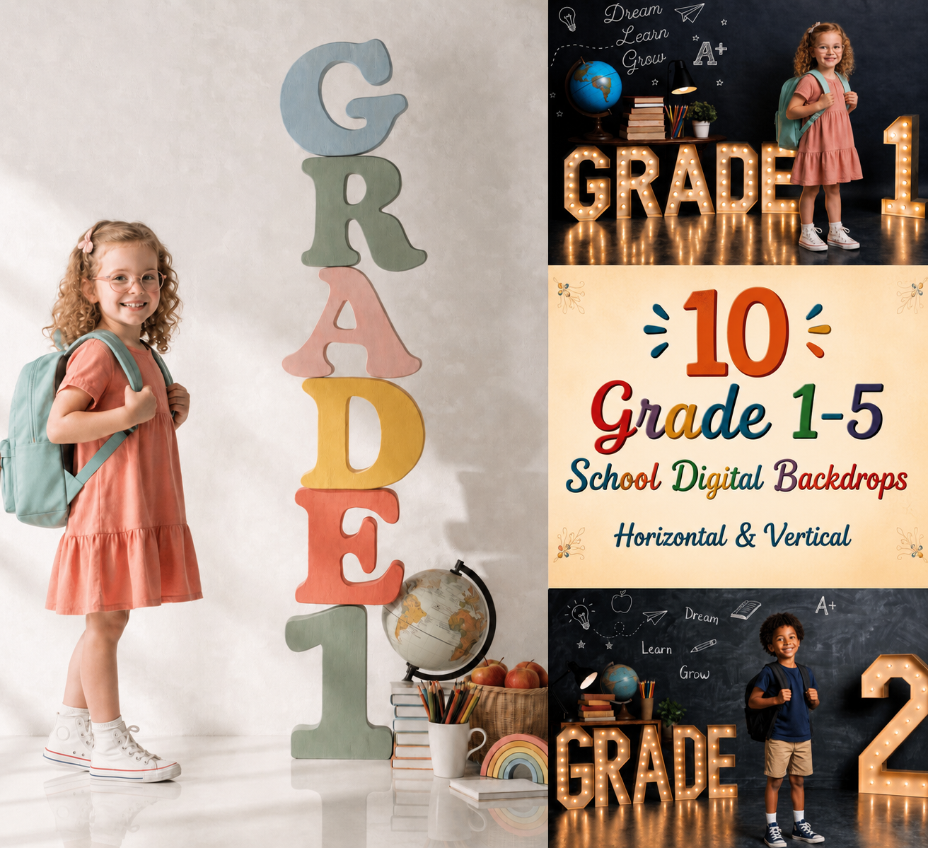 Grade 1-5 School Digital Backdrops Bundle, 10 Classroom Photo Backgrounds, School Portrait Backdrop JPG, Instant Download - Image 1