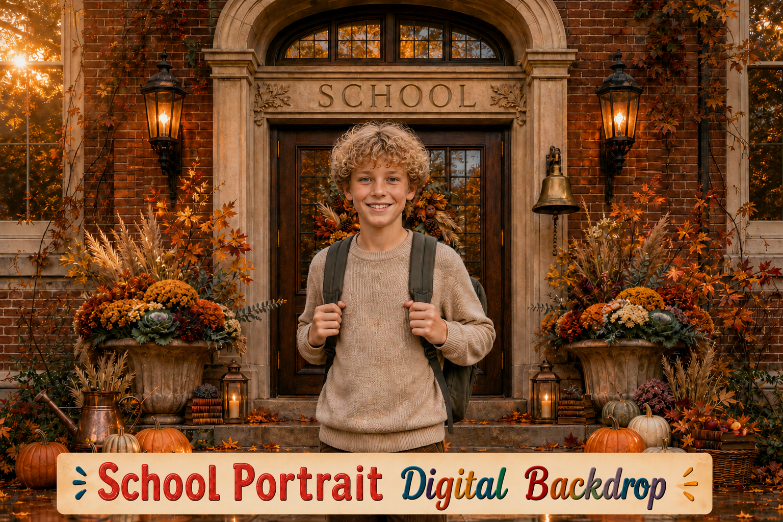Autumn School Portrait Backdrop, Fall Pumpkin Entrance, Vintage Brick Academy Scene, Kids Photography Background, JPG PNG Digital Download - Image 1