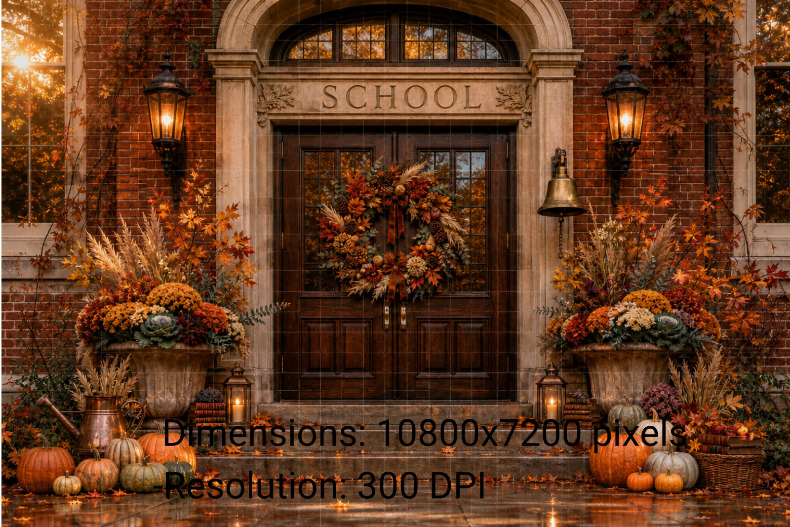 Autumn School Portrait Backdrop, Fall Pumpkin Entrance, Vintage Brick Academy Scene, Kids Photography Background, JPG PNG Digital Download - Thumbnail 2