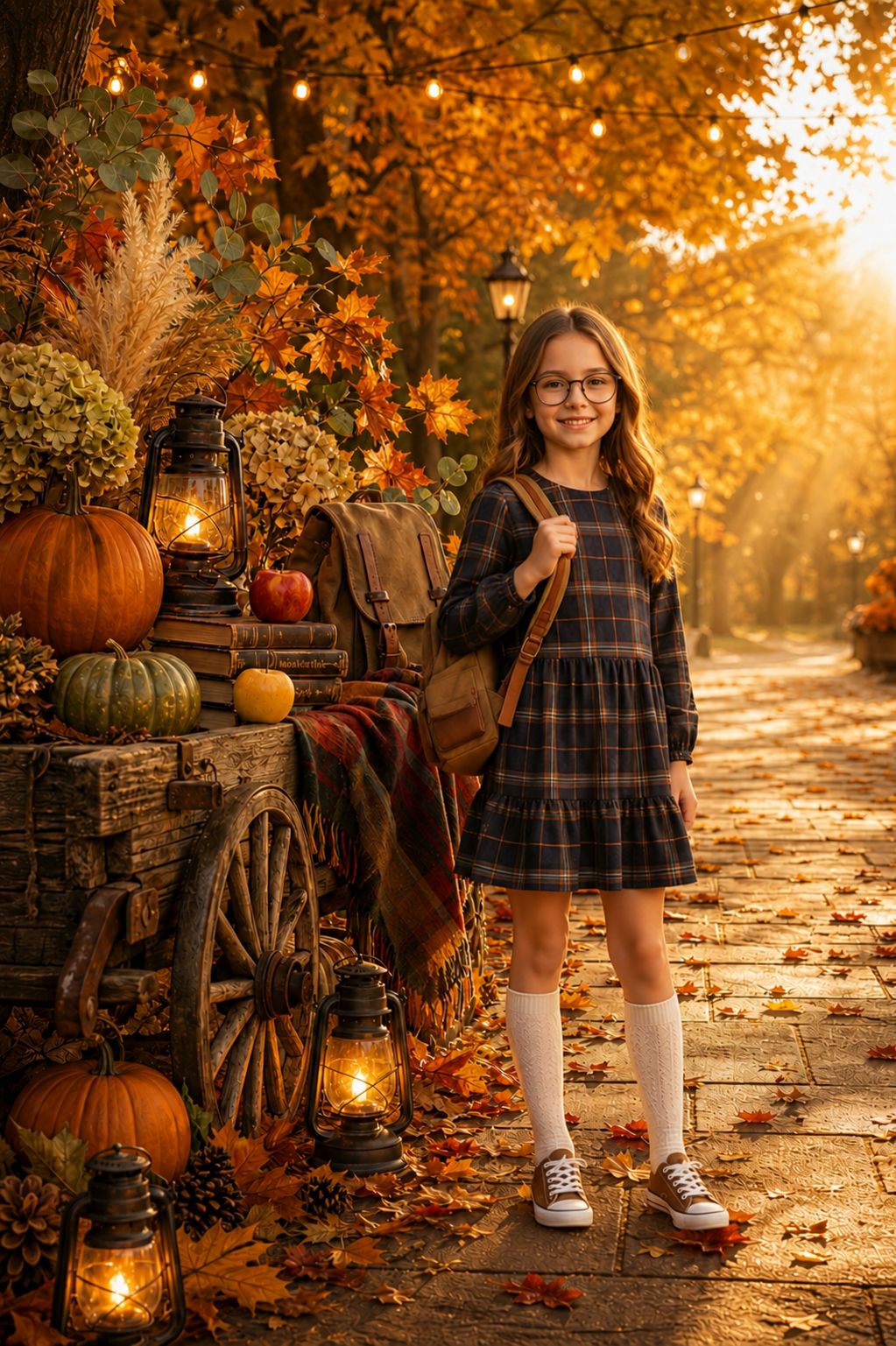 Fall School Portrait Digital Backdrop, Autumn Pumpkin Wagon Background, Cozy Outdoor Photography Scene, PNG JPG Download - Thumbnail 2