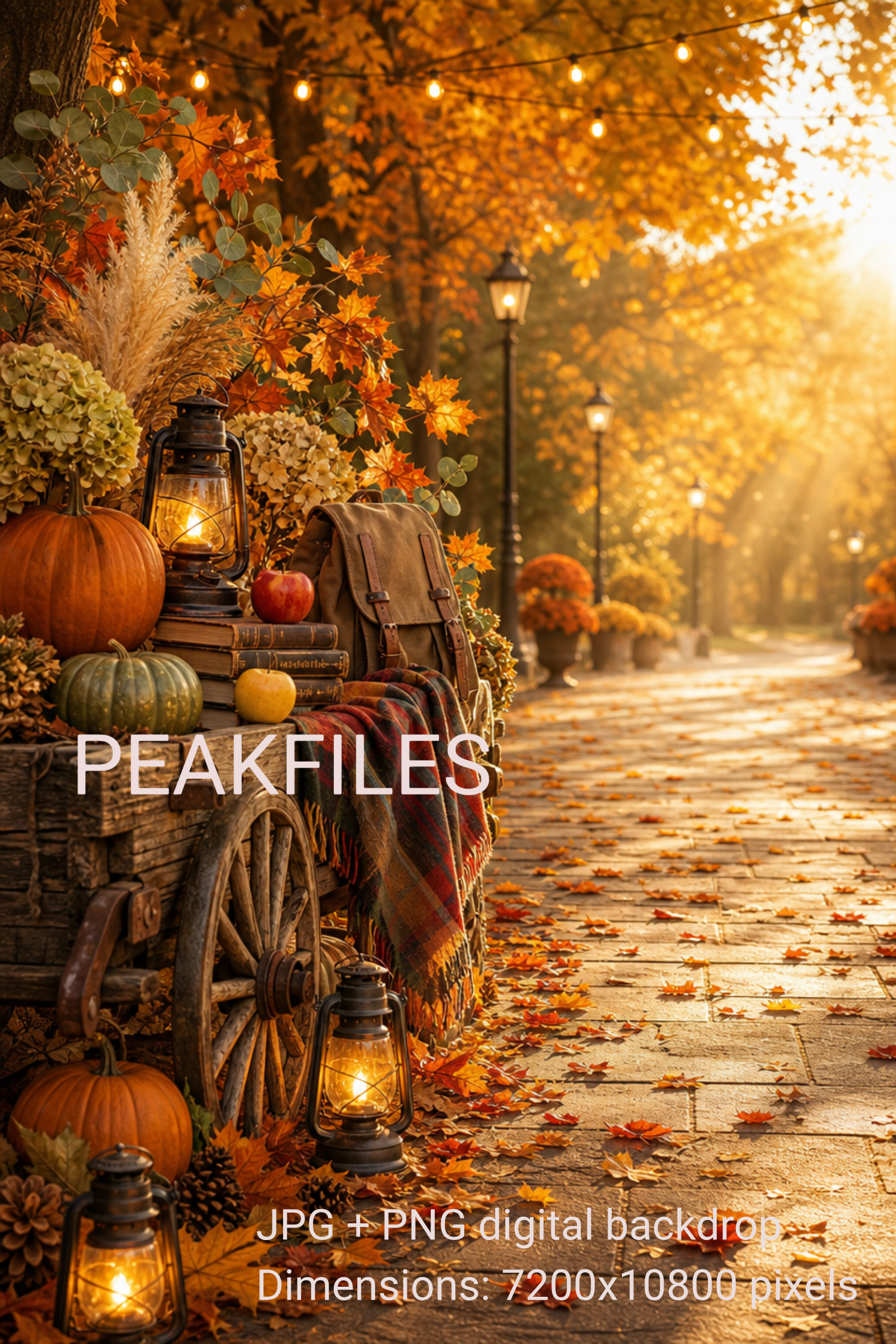 Fall School Portrait Digital Backdrop, Autumn Pumpkin Wagon Background, Cozy Outdoor Photography Scene, PNG JPG Download - Thumbnail 3
