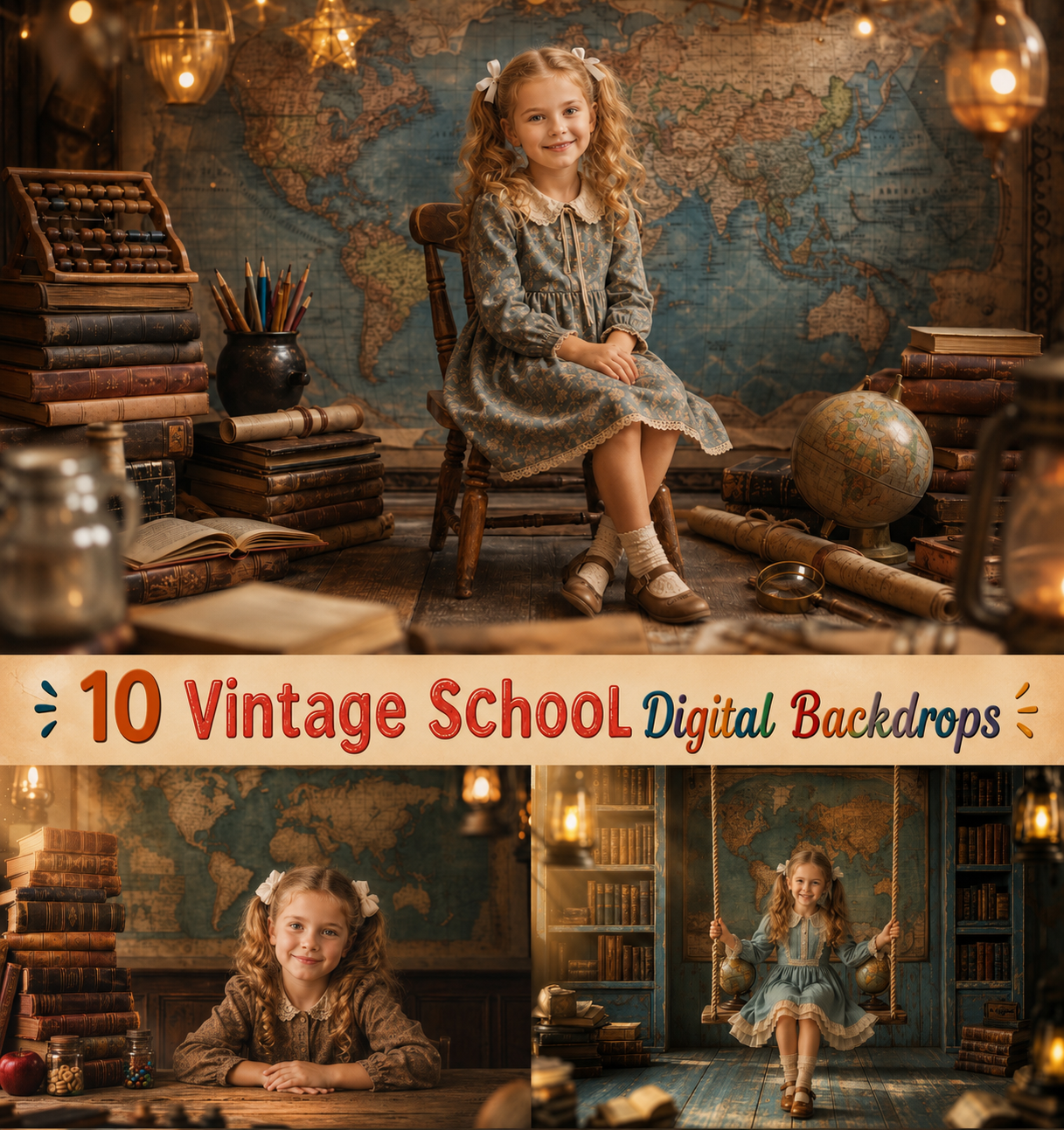 10 Vintage School Digital Backdrops | Antique Classroom, Library, World Map, Chalkboard Portrait Backgrounds | High-Resolution JPG Download - Image 1